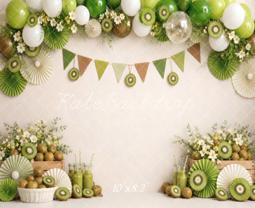 Kate Summer Party Fresh Kiwi Fruit Balloons Garland Green Flowers Printed Backdrop Designed by Vertigo Productions