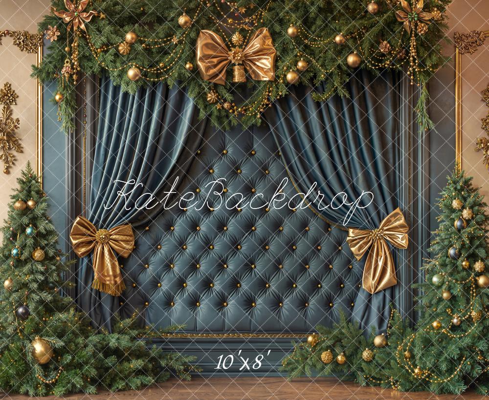 Kate Christmas Headboard Blue Tufted Wall Gold Bows Trees Backdrop Designed by Emetselch