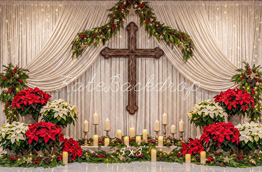 Kate Christmas Church Cross Altar Poinsettia Garland Printed Backdrop Designed by Angela Miller