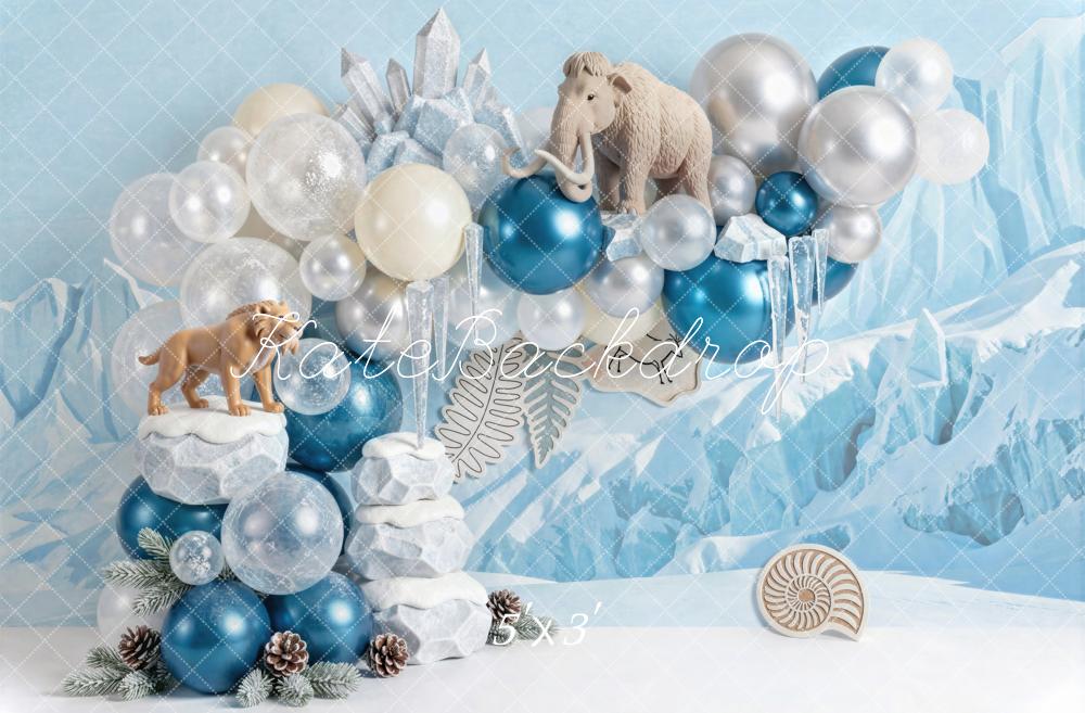 Kate Cake Smash Winter Blue Prehistoric Animals Crystal Balloons Printed Backdrop Designed by Mini MakeBelieve