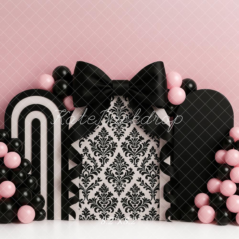 Kate Cake Smash Pink Black Bow Luxury Balloon Backdrop Designed by Ashley Paul
