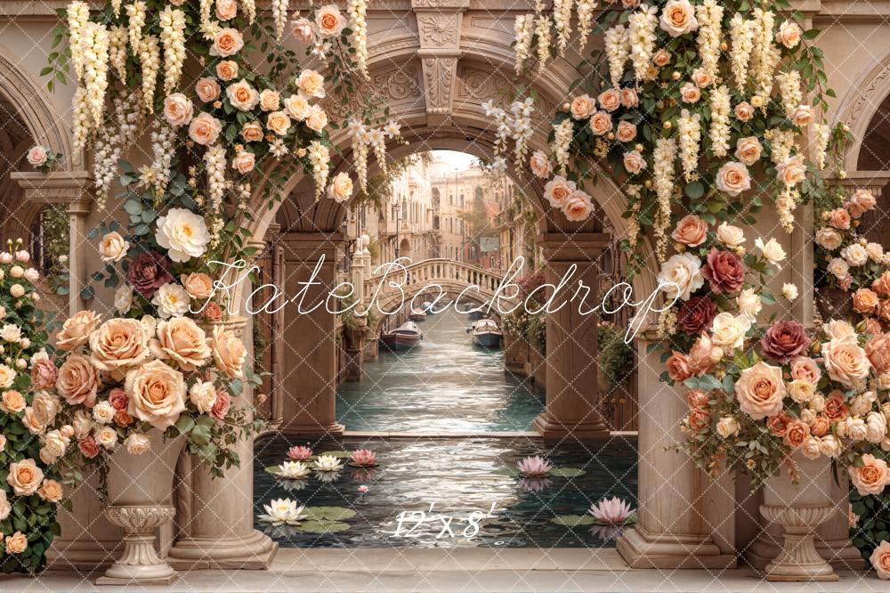 Kate Flower Arch Venetian Canal Floral Columns Printed Backdrop Designed by Emetselch