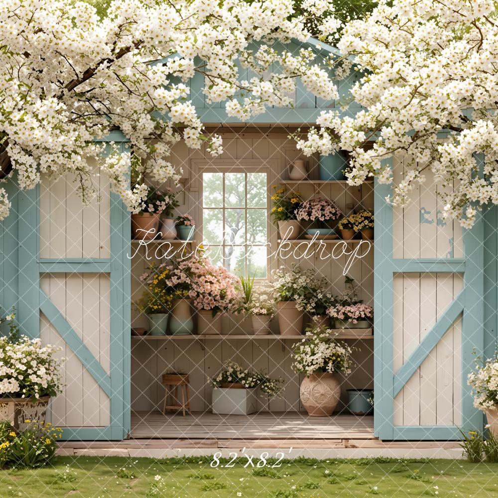 Kate Spring Blue Garden Shed Flower Arch Blossoming Trees Backdrop Designed by Emetselch