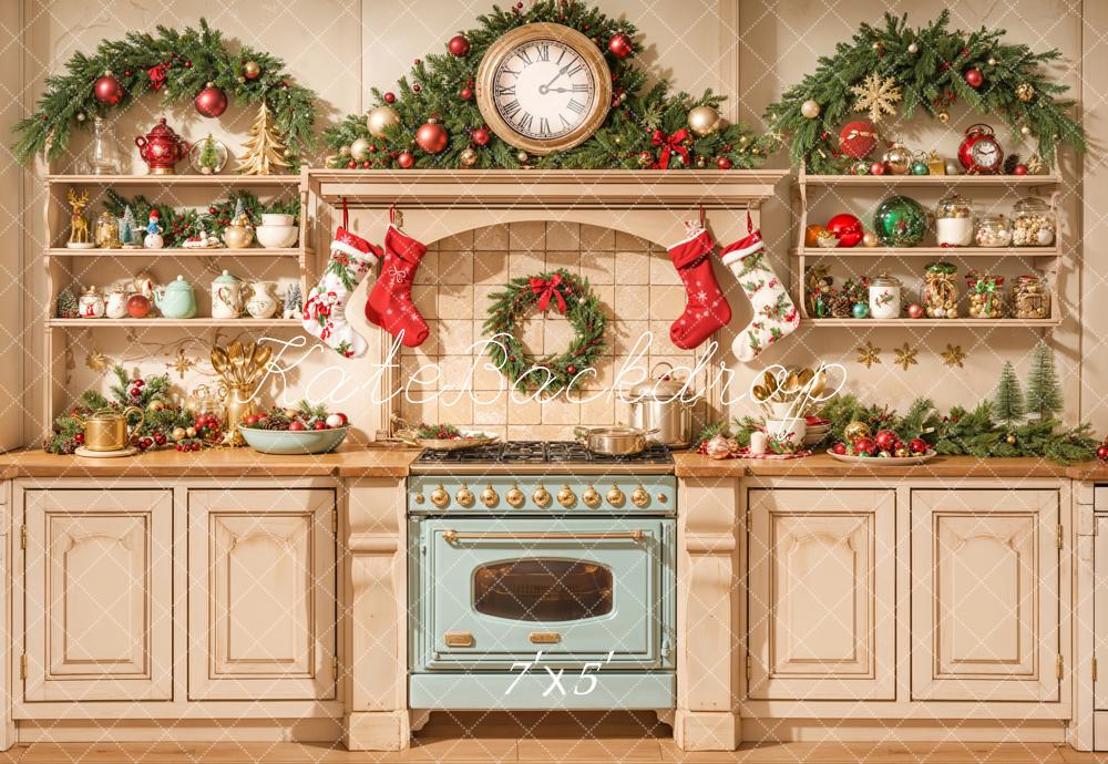 Kate Christmas Kitchen Cabinet Stove Stocking Backdrop Designed by Emetselch