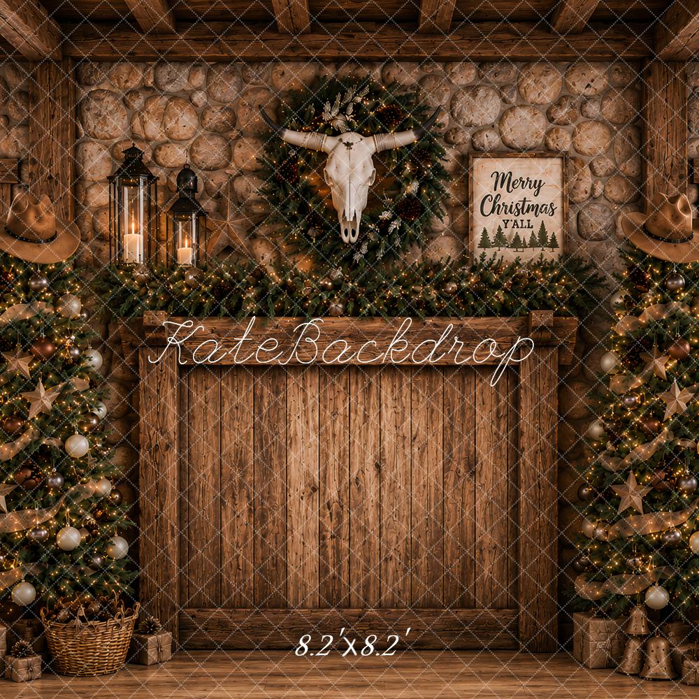 Kate Christmas Headboard Western Cow Skull Christmas Trees Stone Wall Printed Backdrop Designed by Ashley Paul