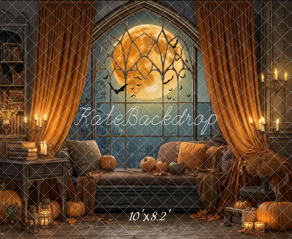 Kate Halloween Moon Bats Window Pumpkins Orange Curtains Backdrop Designed by Emetselch