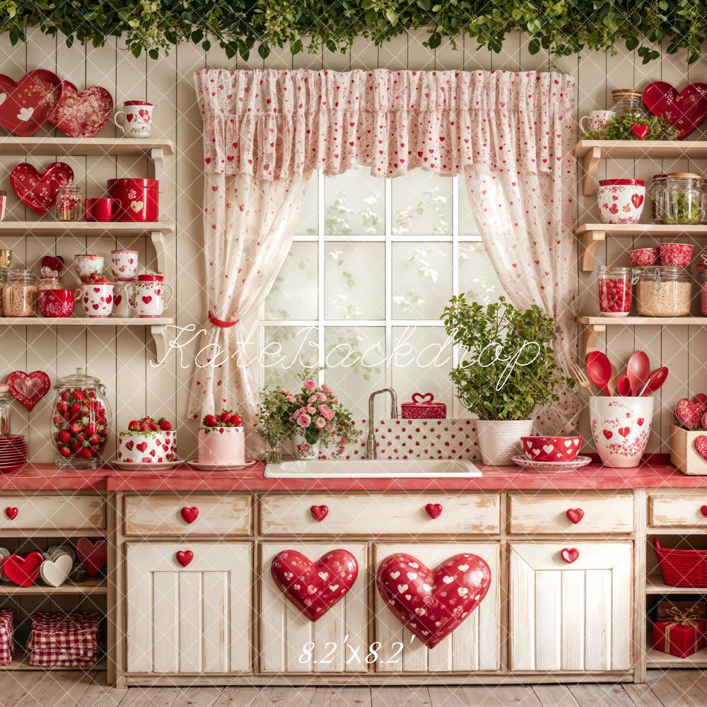 Kate Valentine's Day Red Heart Plates Kitchen Cupboard Photography Backdrop Designed by Emetselch