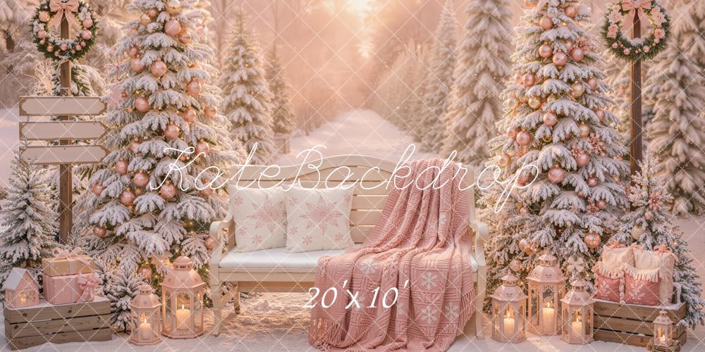 Kate Christmas Snowy Trees Bench Pink Gifts Outdoor Printed Backdrop Designed by Emetselch