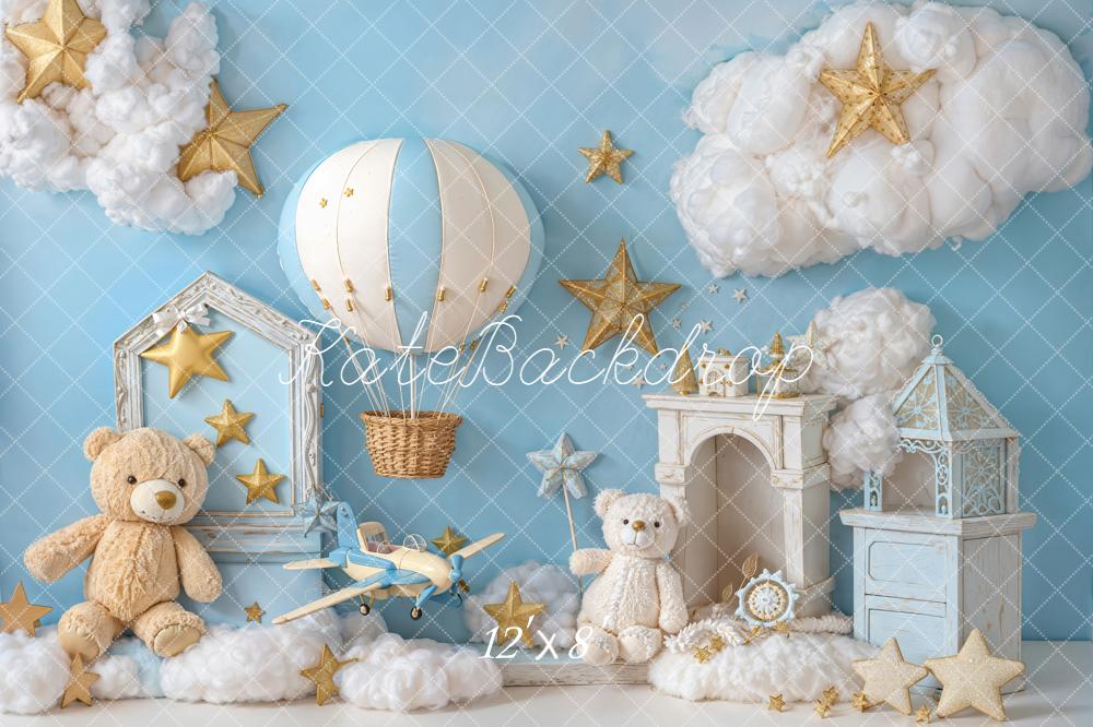 Kate Cake Smash Blue Hot Air Balloon Airplane Teddy Bear Cloud Backdrop Designed by Emetselch