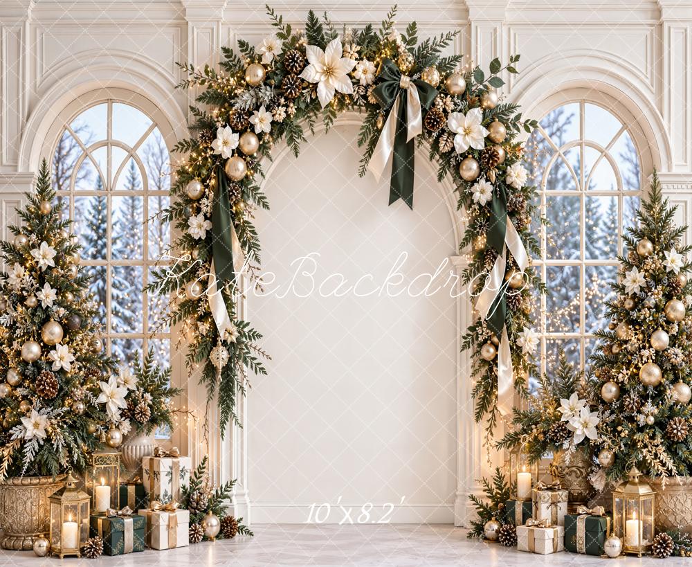 Kate Christmas Trees White Flower Arch Windows Poinsettias Printed Backdrop Designed by Emetselch