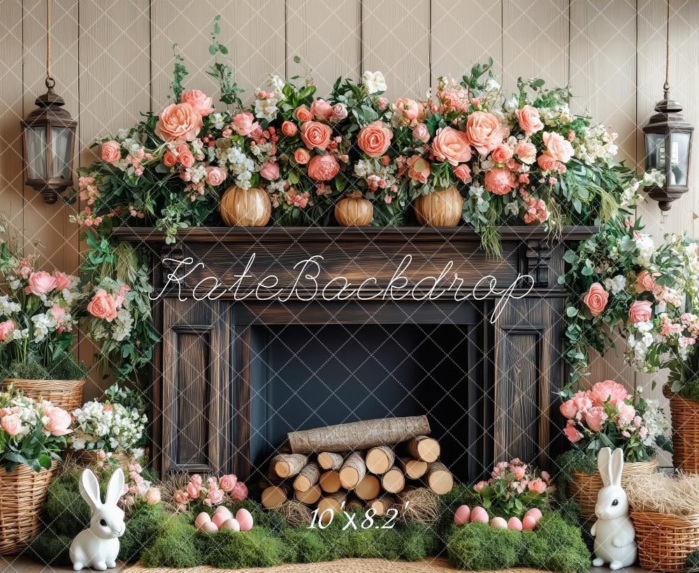 Kate Easter Bunny Floral Fireplace Wood Backdrop Designed by Patty Roberts
