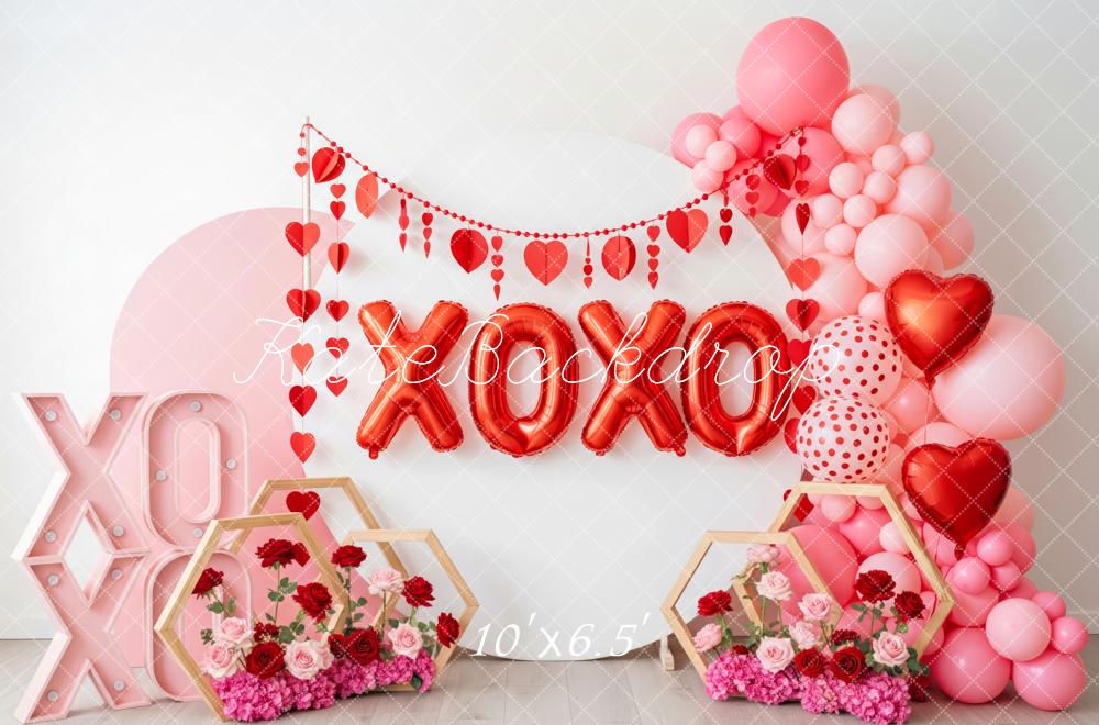 Kate Valentine's Day XOXO Balloons Hearts Pink Flowers Backdrop Designed by Patty Roberts