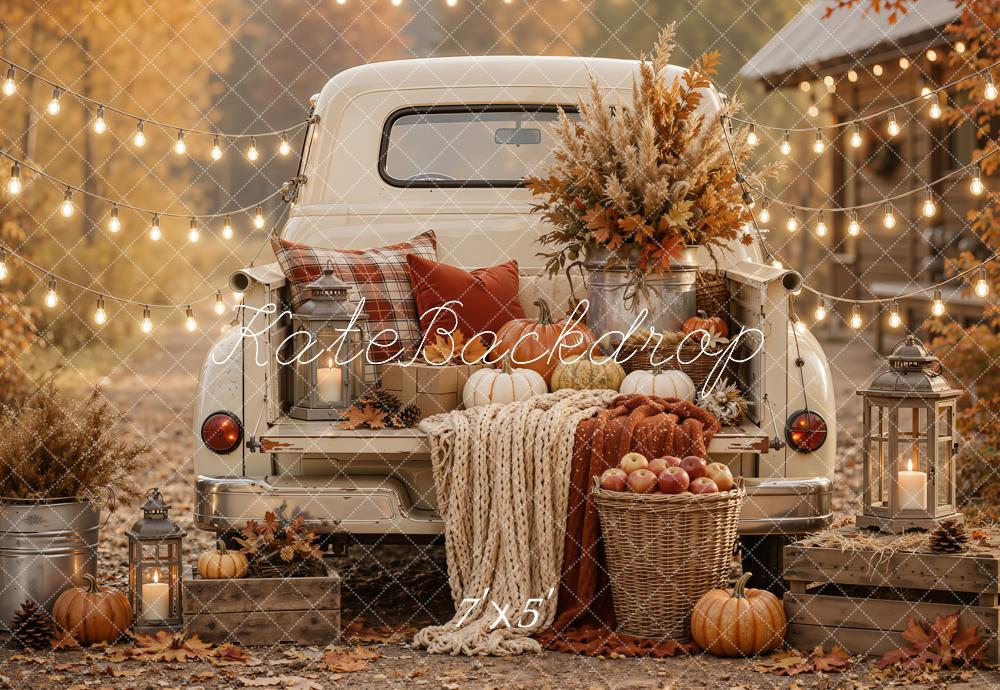 Kate Fall Vintage Truck Pumpkin Cozy Floral String Lights Printed Backdrop Designed by Emetselch