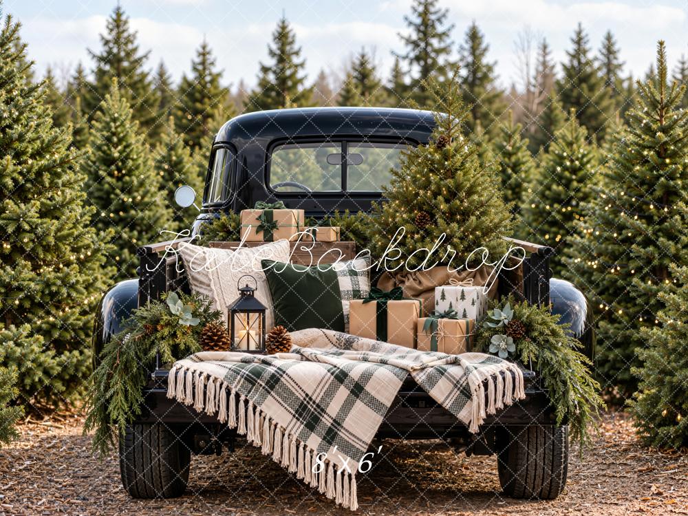 Kate Christmas Forest Vintage Black Truck Gifts Plaid Blanket Printed Backdrop Designed by Emetselch