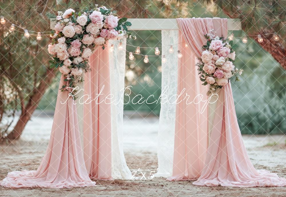 Kate Spring Wedding Flower Arch Pink Drapes String Lights Printed Backdrop Designed by Angela Miller