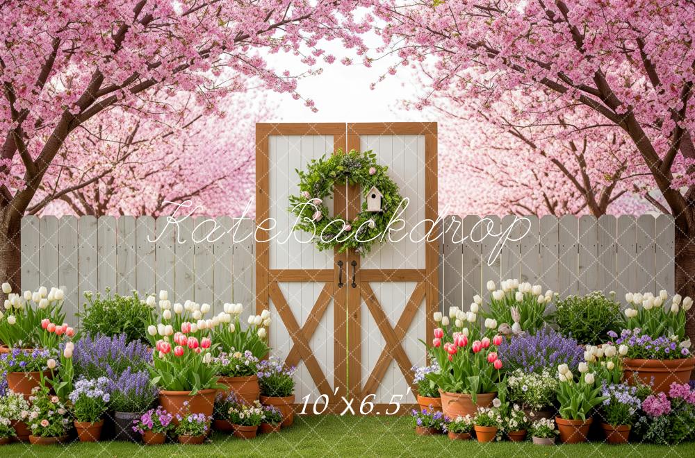 Kate Spring Garden White Fence Gate Pink Cherry Blossom Backdrop Designed by Patty Roberts