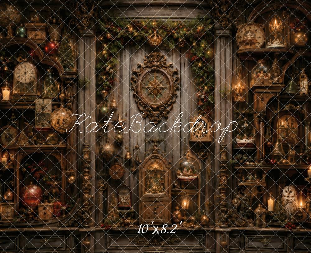 Kate Christmas Vintage Cabinet Clocks Garland Printed Backdrop Designed by Vertigo Productions