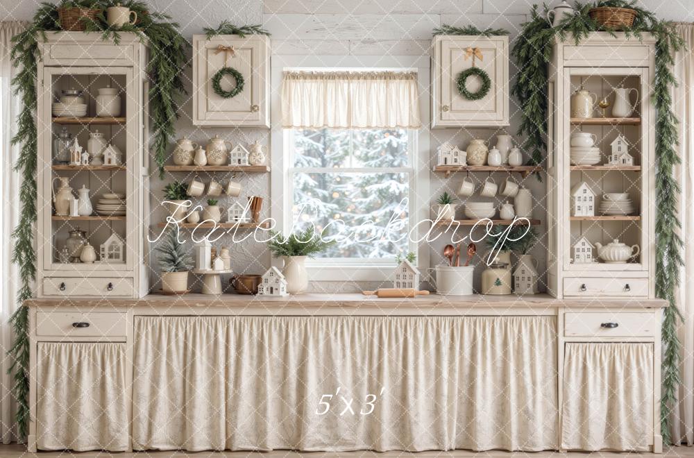 Kate Christmas Farmhouse Kitchen Cabinet Shelf White Printed Backdrop Designed by Mini MakeBelieve