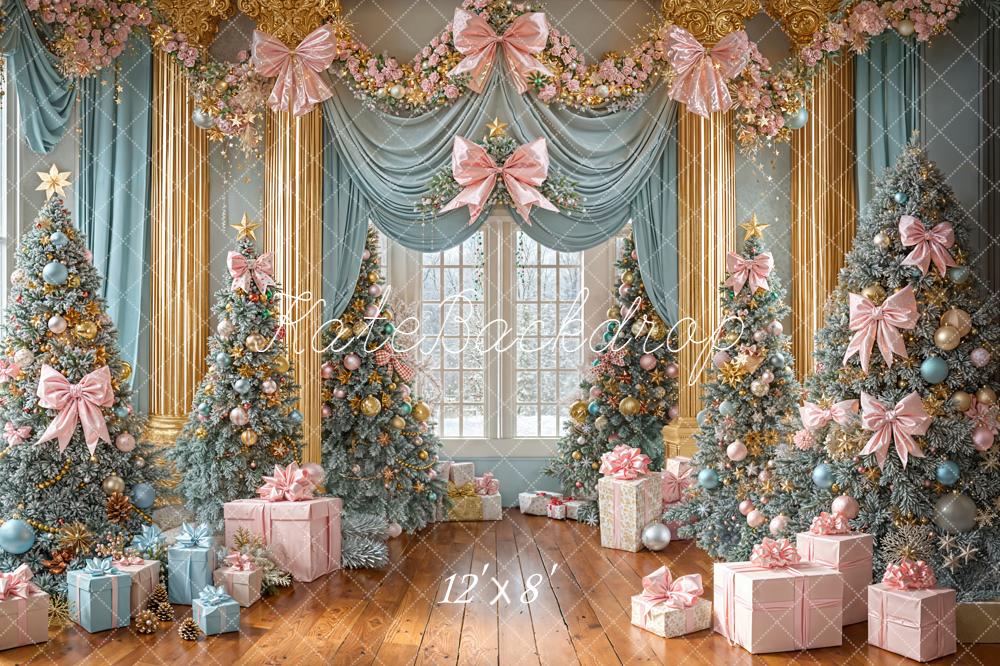 Kate Christmas Trees Pink Bow Blue Gold Presents Garland Backdrop Designed by Emetselch