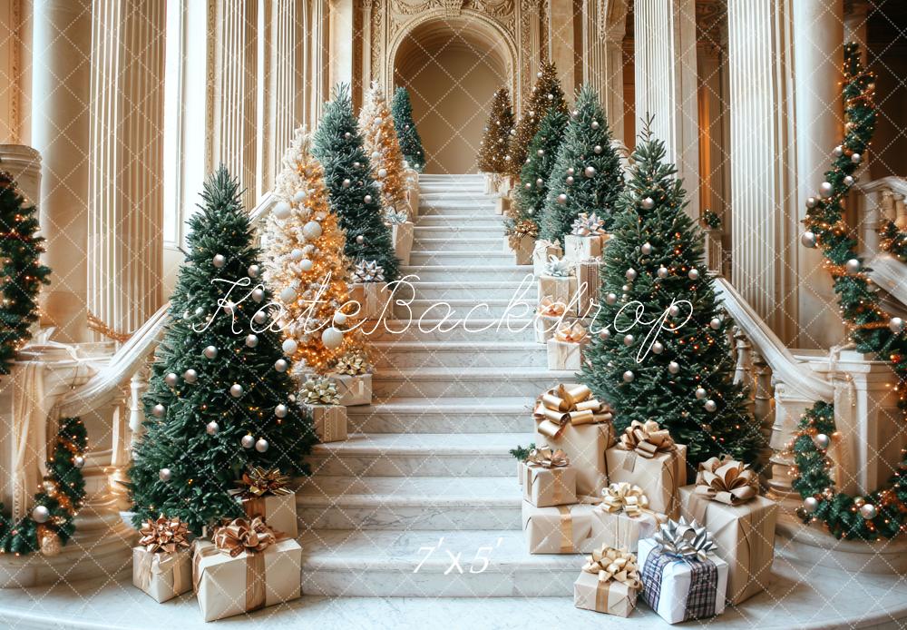 Kate Christmas Cascading Stairs Trees Gifts Architecture Printed Backdrop Designed by Mini MakeBelieve