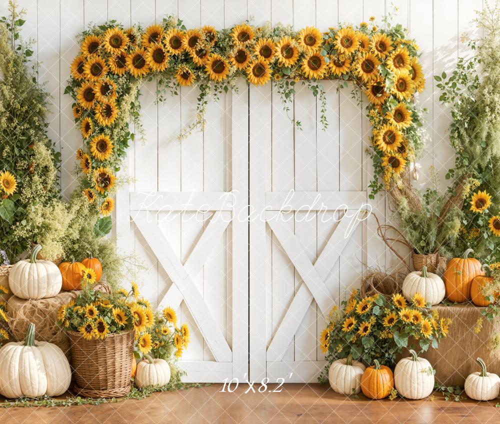 Kate Fall Sunflower Arch White Barn Pumpkins Rustic Backdrop Designed by Emetselch