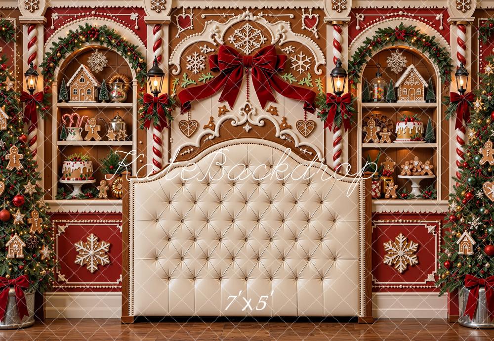 Kate Christmas Gingerbread Headboard Trees Shelves Bow Printed Backdrop Designed by Shutter Swan Studios