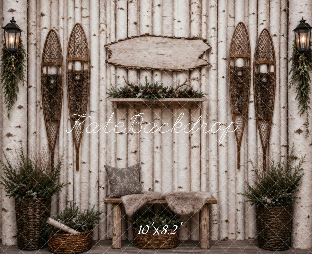 Kate Birch Log Wall Rustic Bench Snowshoes Printed Backdrop Designed by Vertigo Productions