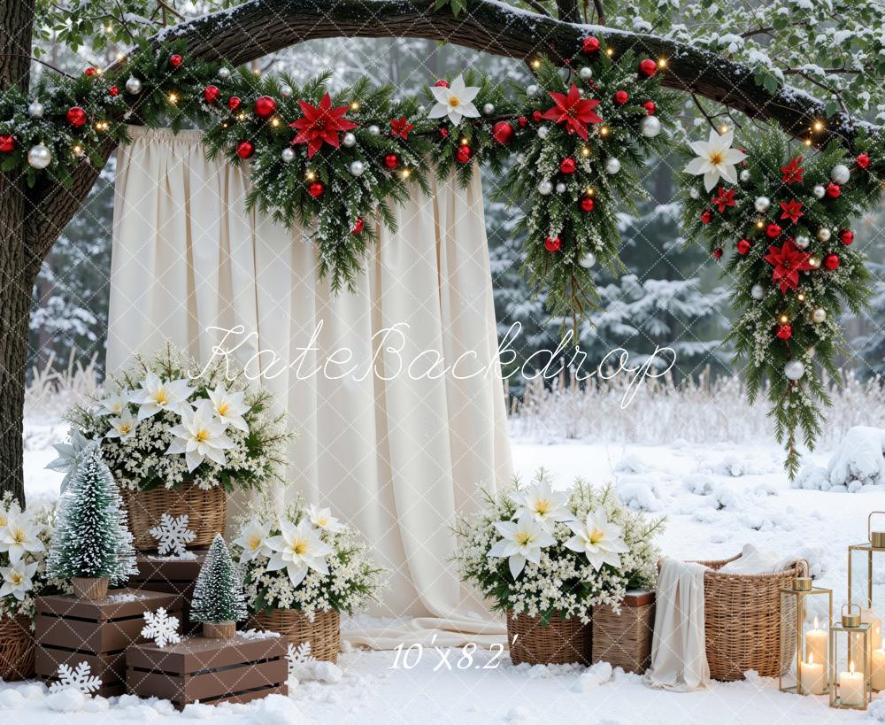 Kate Christmas Branch Arch Garland White Poinsettia Outdoor Snow Printed Backdrop Designed by Mini MakeBelieve