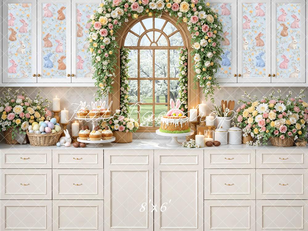Kate Easter Bunny Kitchen Floral Arch Printed Backdrop Designed by Mini MakeBelieve
