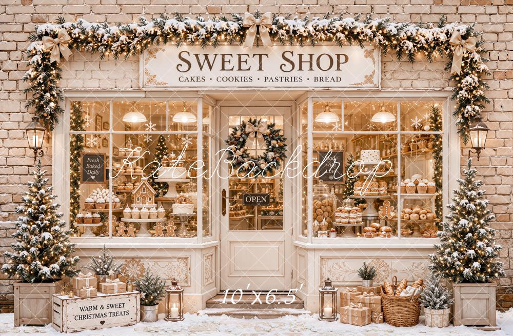 Kate Christmas Sweet Shop Bakery Gingerbread Snow Brick Wall Garland Printed Backdrop Designed by Emetselch