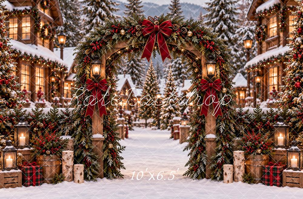 Kate Christmas Snowy Village Arch Garland Red Bow Printed Backdrop Designed by Ashley Paul