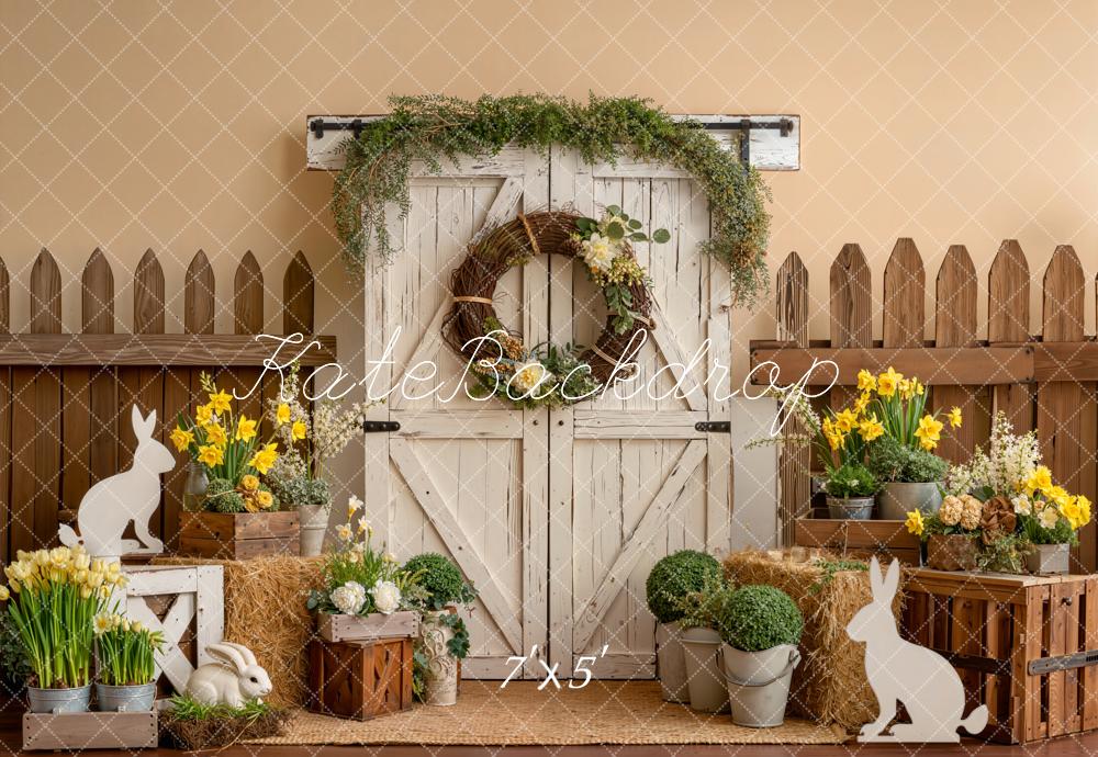 Kate Easter Bunny Barn Door Yellow Flowers Backdrop Designed by Emetselch
