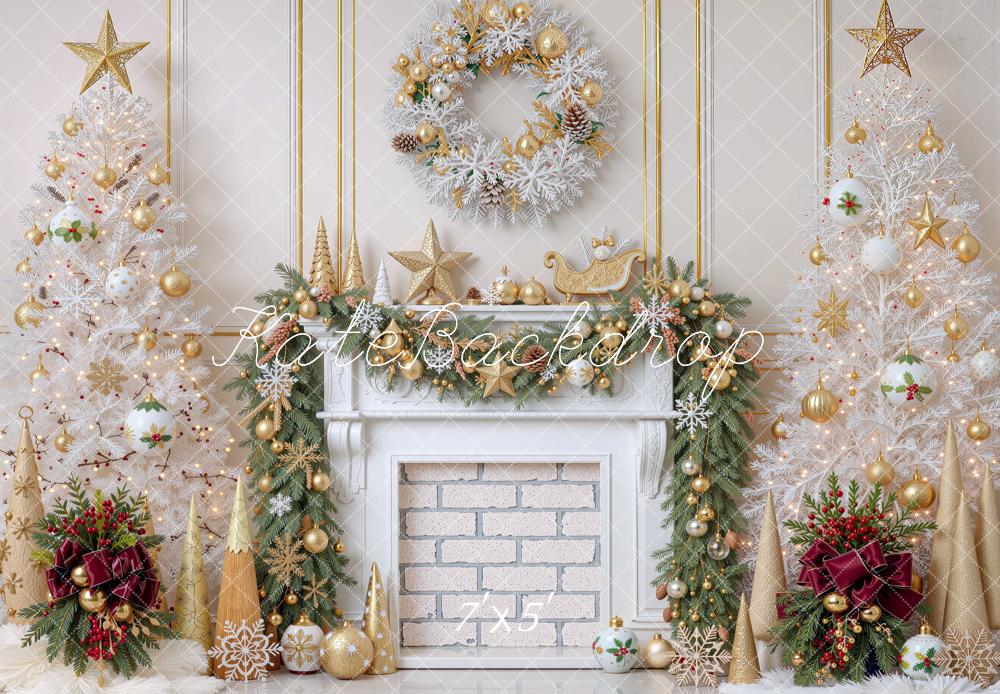 Kate Christmas White Trees Gold Fireplace Wreath Printed Backdrop Designed by Mini MakeBelieve