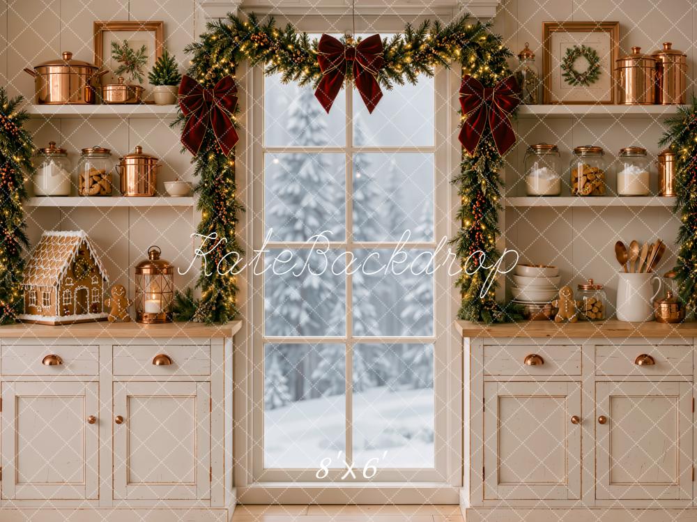 Kate Christmas White Kitchen Garland Door Gingerbread House Printed Backdrop Designed by Emetselch