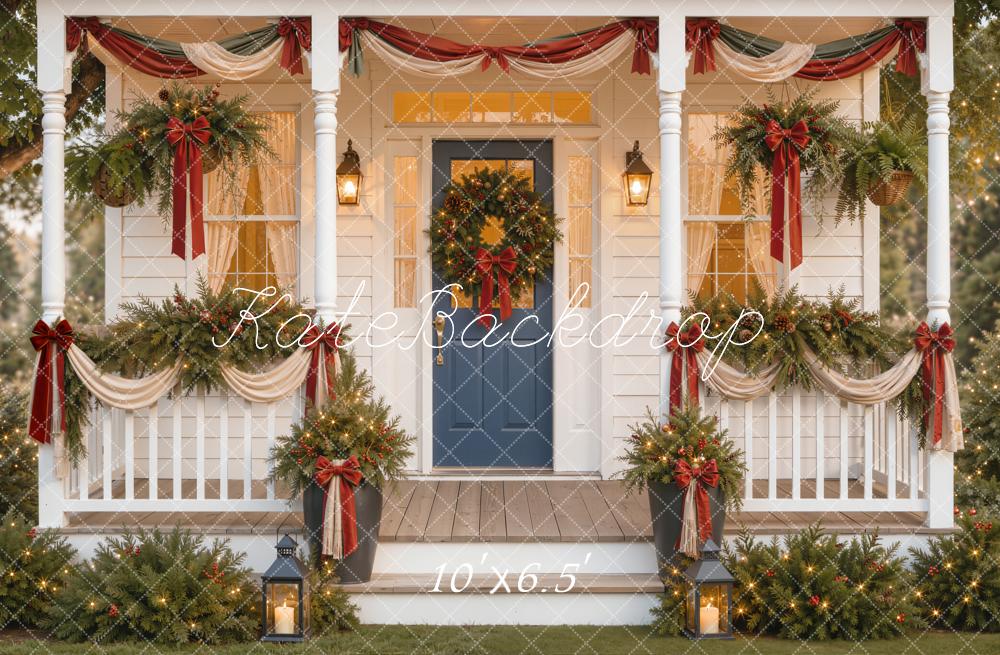 Kate Christmas Porch Garland Wreath Lantern Red Bows Printed Backdrop Designed by Emetselch