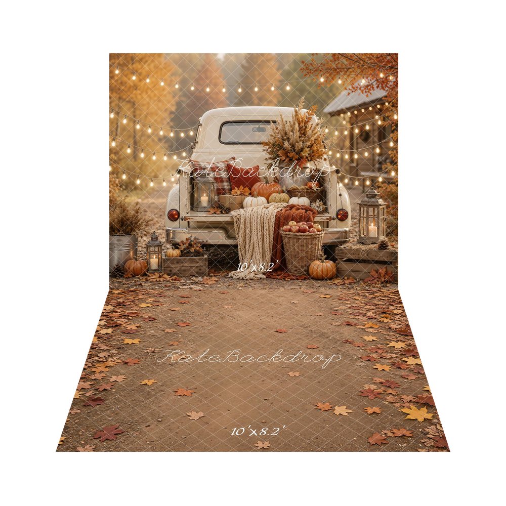Kate Fall Vintage Truck Pumpkins Flowers String Lights Printed Backdrop+Fall Maple Leaves Path Floor Printed Backdrop