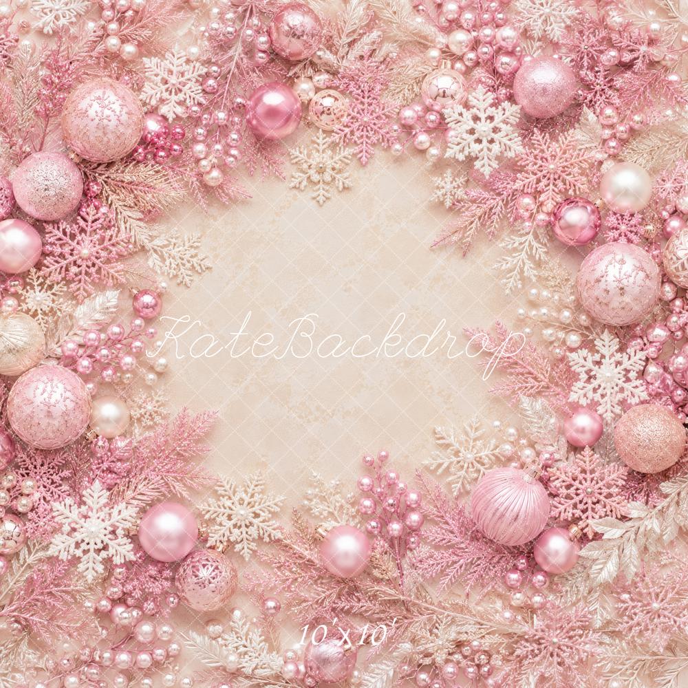Kate Christmas Pink Ornaments Snowflakes Wreath Printed Backdrop Designed by Megan Leigh Photography