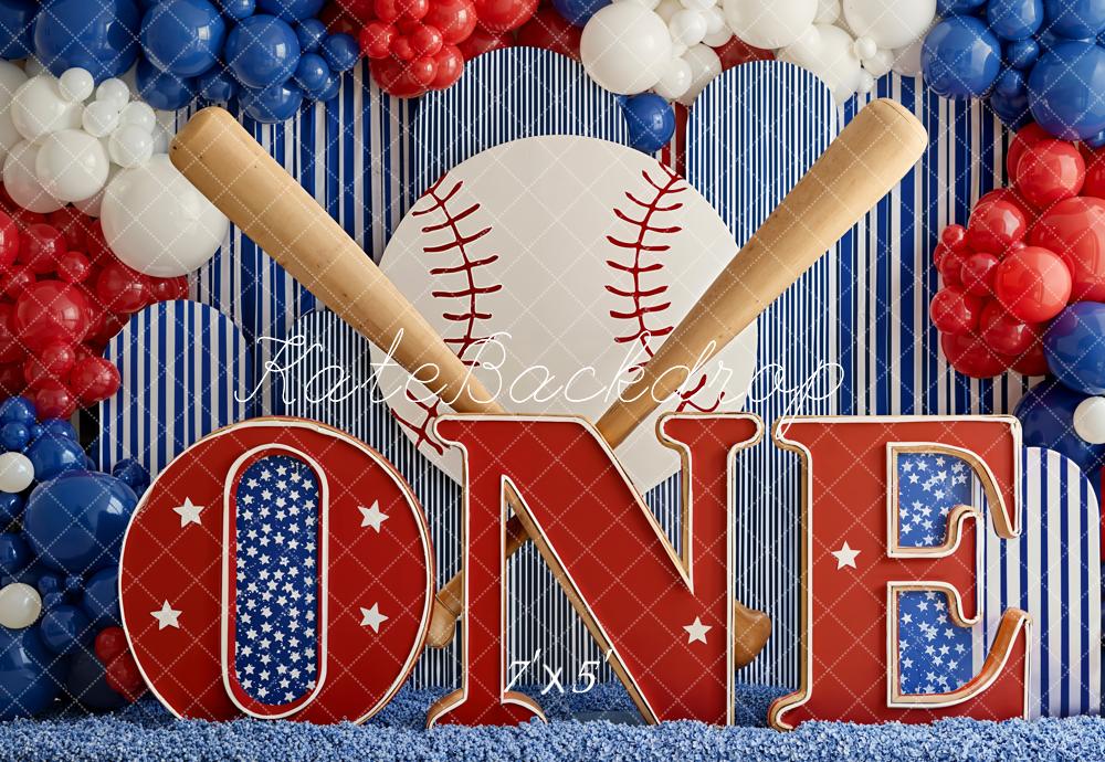 Kate Cake Smash Baseball Bats Balloons ONE Letters Red White Blue Backdrop Designed by Emetselch