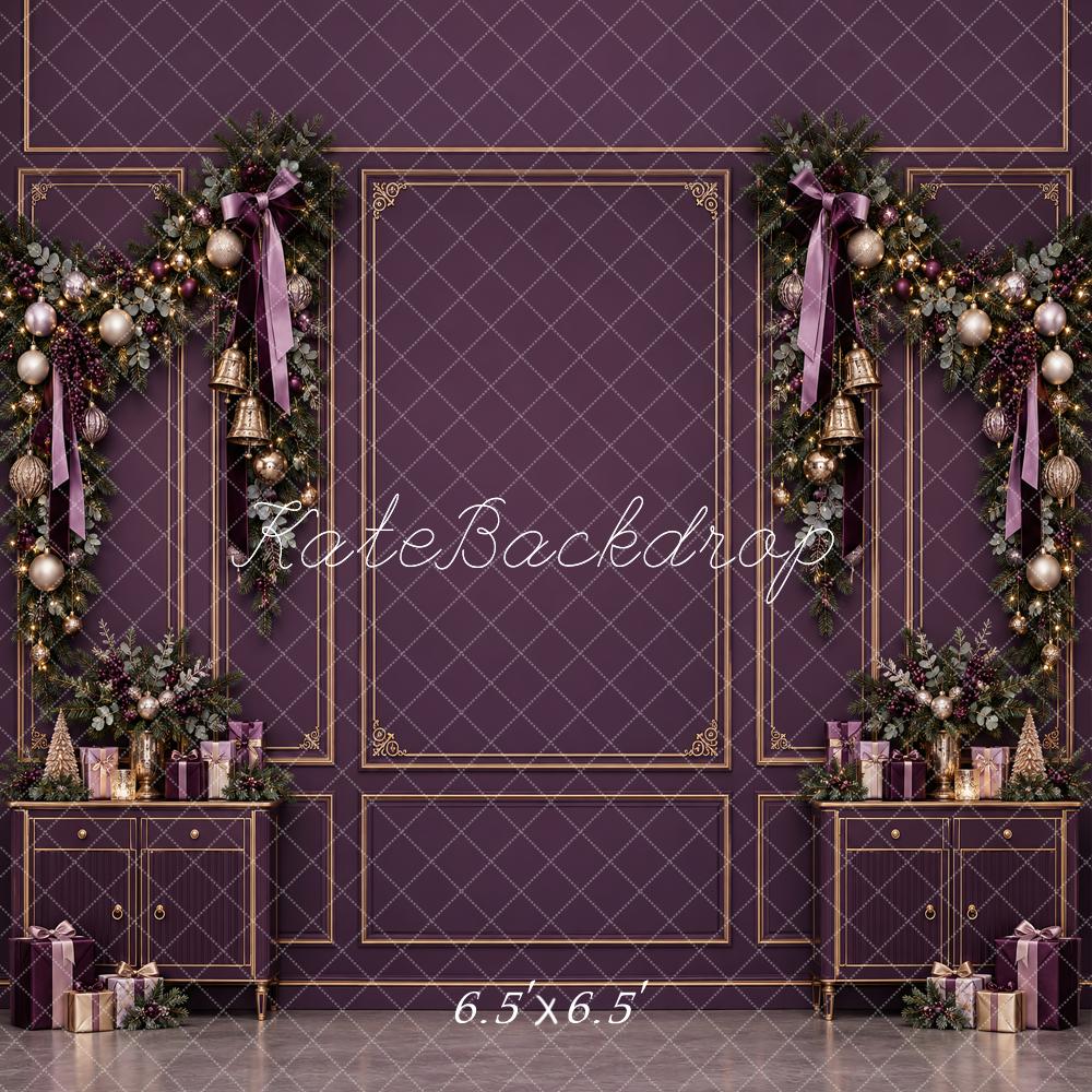 Kate Christmas Purple Garland Cabinet Gold Molding Bows Printed Backdrop Designed by Vertigo Productions