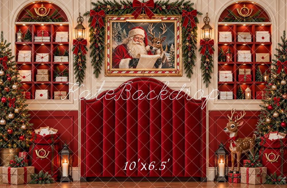 Kate Christmas Red Headboard Santa Reindeer Trees Mailroom Printed Backdrop Designed by Shutter Swan Studios