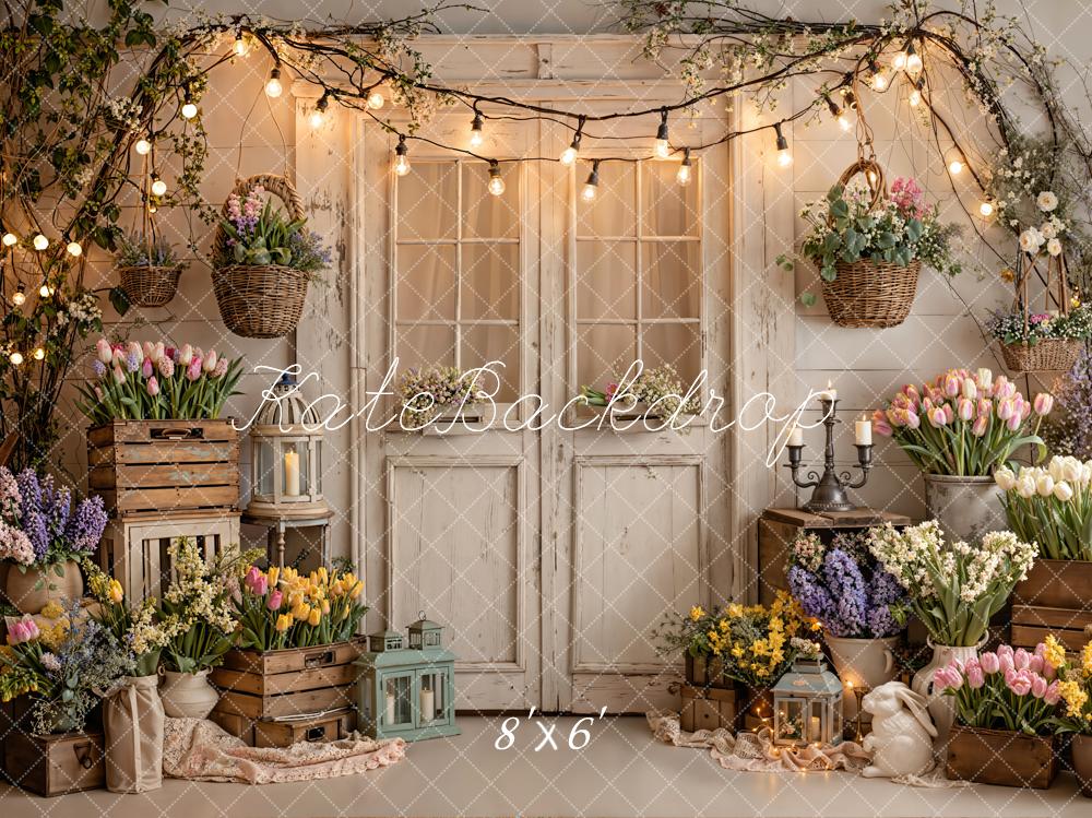 Kate Spring Flower Crates Rustic Door String Lights Backdrop Designed by Emetselch
