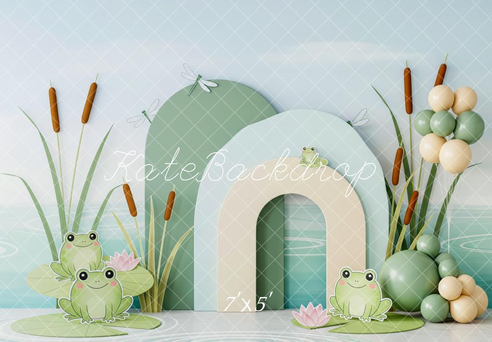 Kate Cake Smash Frog Pond Cattails Balloons Printed Backdrop Designed by Patty Roberts