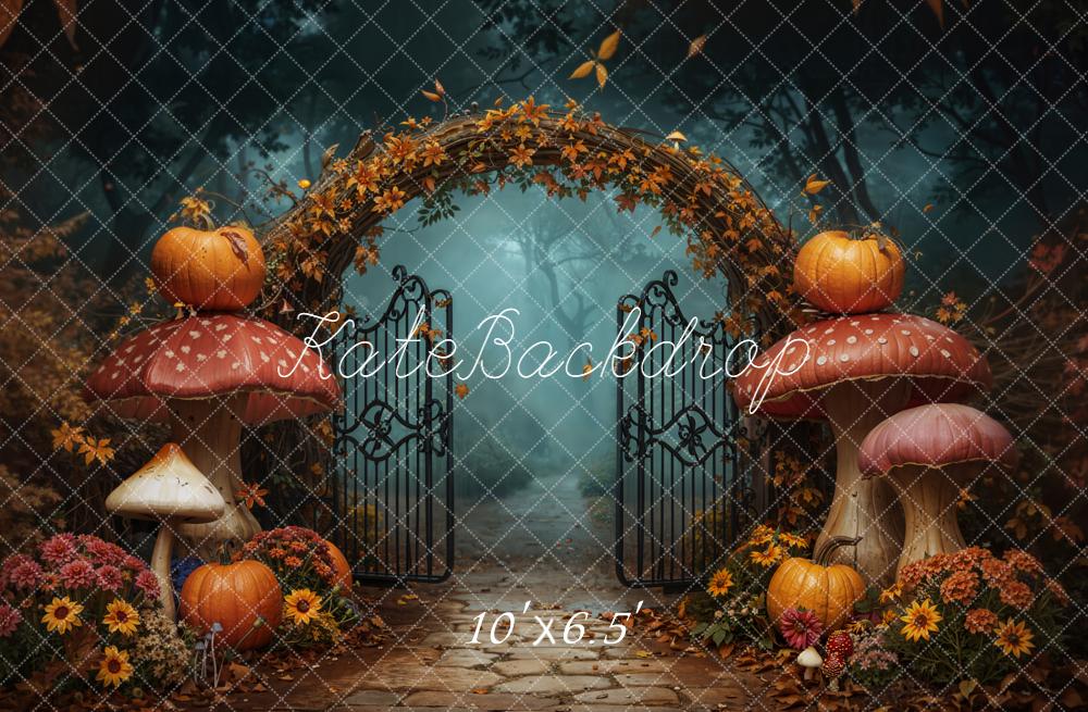Halloween Mushroom Arch Pumpkins Gate Flowers Printed Backdrop Designed by Emetselch