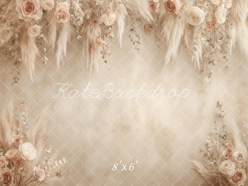 Kate Boho Beige Flower Arch Pampas Grass Roses Printed Backdrop Designed by Angela Miller
