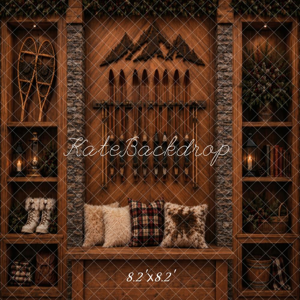 Kate Rustic Ski Lodge Shelves Fur Pillows Printed Backdrop Designed by Vertigo Productions