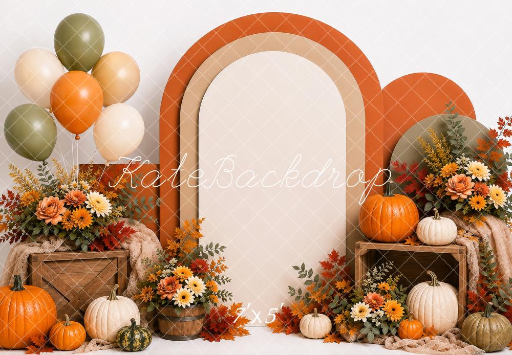 Kate Fall Cake Smash Pumpkins Floral Arch Balloons Printed Backdrop Designed by Shutter Swan Studios