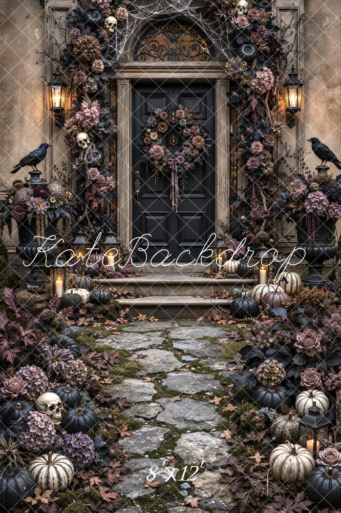 Kate Halloween Gothic Vintage Black Doorway Flower Arch Ravens Pumpkins Printed Backdrop Designed by Emetselch