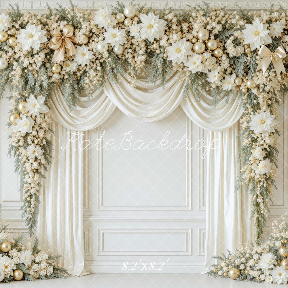 Kate Christmas White Gold Flower Arch Drapes Printed Backdrop Designed by Mini MakeBelieve