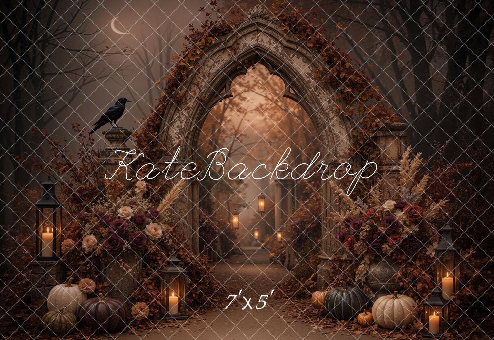 Kate Halloween Gothic Arch Pumpkins Flowers Candles Printed Backdrop Designed by Jordan Moon