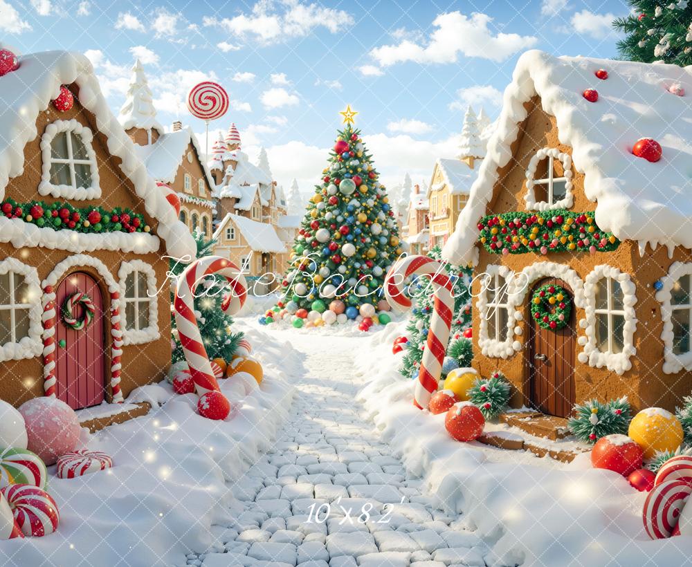 Kate Christmas Gingerbread Houses Village Candy Cane Christmas Tree Printed Backdrop Designed by Mini MakeBelieve